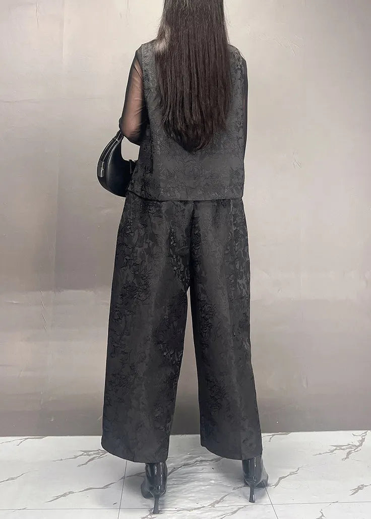Black Print Asymmetrical Silk Cotton Waistcoat and Wide Leg Pants Two Piece Set Fall