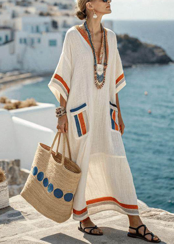 Loose Picture 1 Pockets Patchwork Ankle Dress Short Sleeve