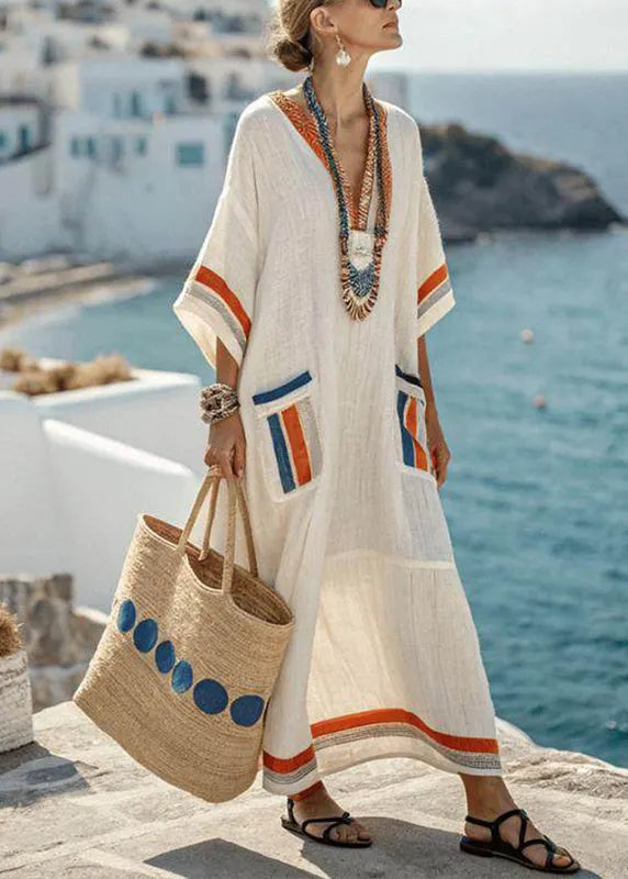 Loose Picture 1 Pockets Patchwork Ankle Dress Short Sleeve