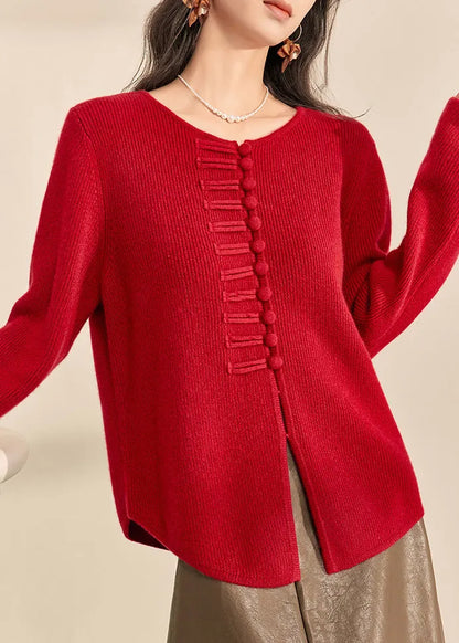 Chinese Style Red O-neck Button Cozy Cotton Knit Cardigans Fall