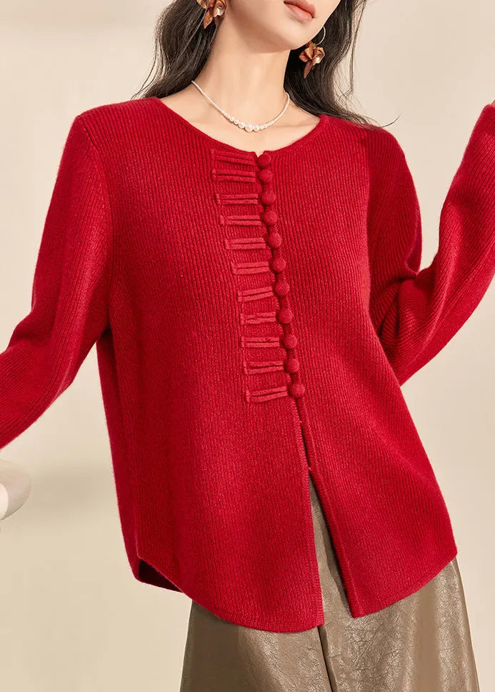 Chinese Style Red O-neck Button Cozy Cotton Knit Cardigans Fall