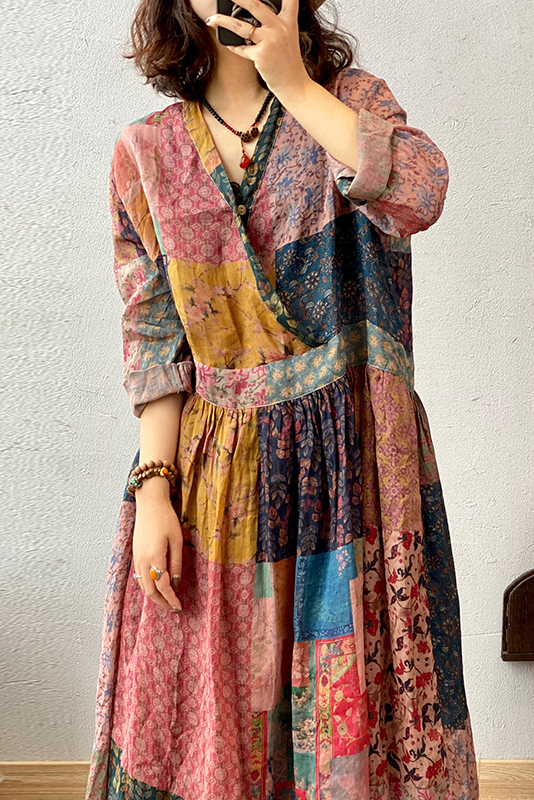 Summer Ramie Dress Patchwork Print Long Dress