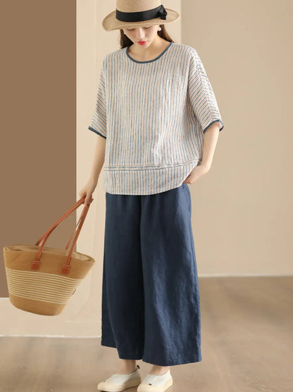 Summer Stripe Spliced Linen Shirt