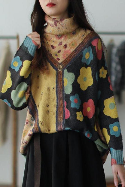 Color Contrast Flower Turtleneck Sweater