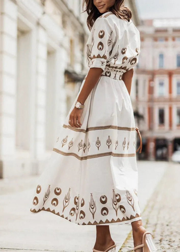 Stylish Green Stand Collar Print Tie Waist Cotton Dress Summer