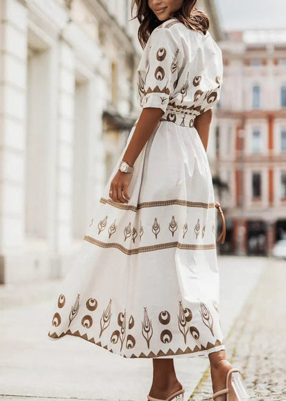 Stylish Green Stand Collar Print Tie Waist Cotton Dress Summer