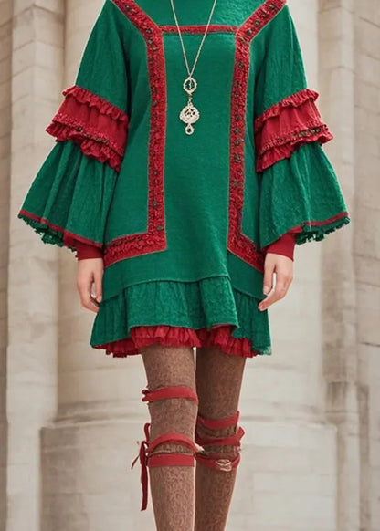 Stylish Green Ruffled Patchwork Cotton Day Dress Flare Sleeve
