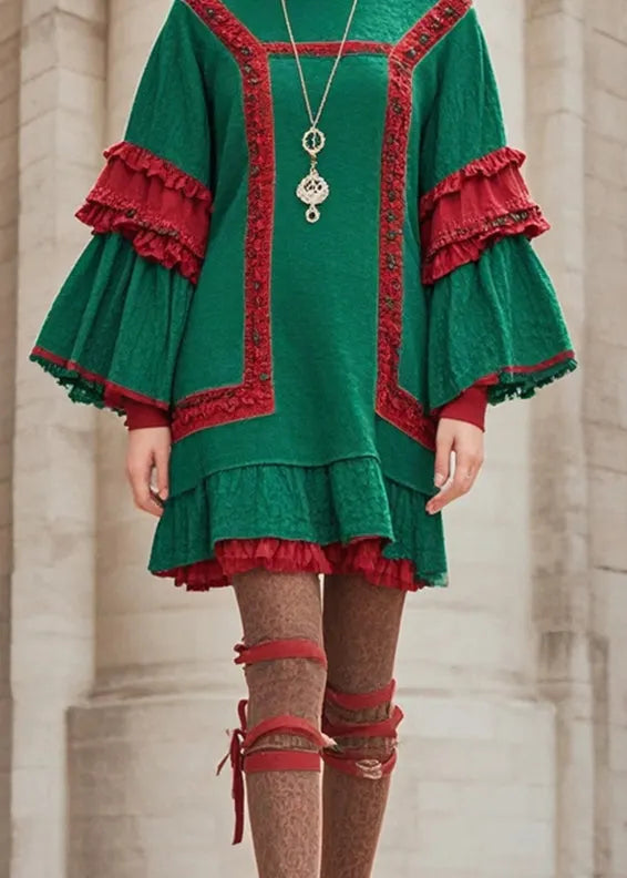 Stylish Green Ruffled Patchwork Cotton Day Dress Flare Sleeve