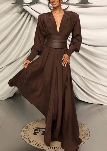 Coffee V Neck Patchwork Slim Fit Cotton Dresses Fall
