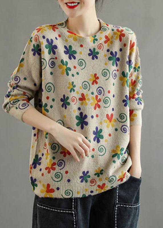 Khaki Retro Print Knitted Sweaters Top