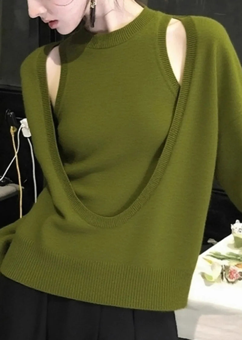 Fitted Green O-neck Cotton Knit Top and Vest Two Piece Set Fall
