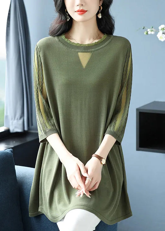Green O Neck Patchwork Ice Silk Knitted Tops Half Sleeve