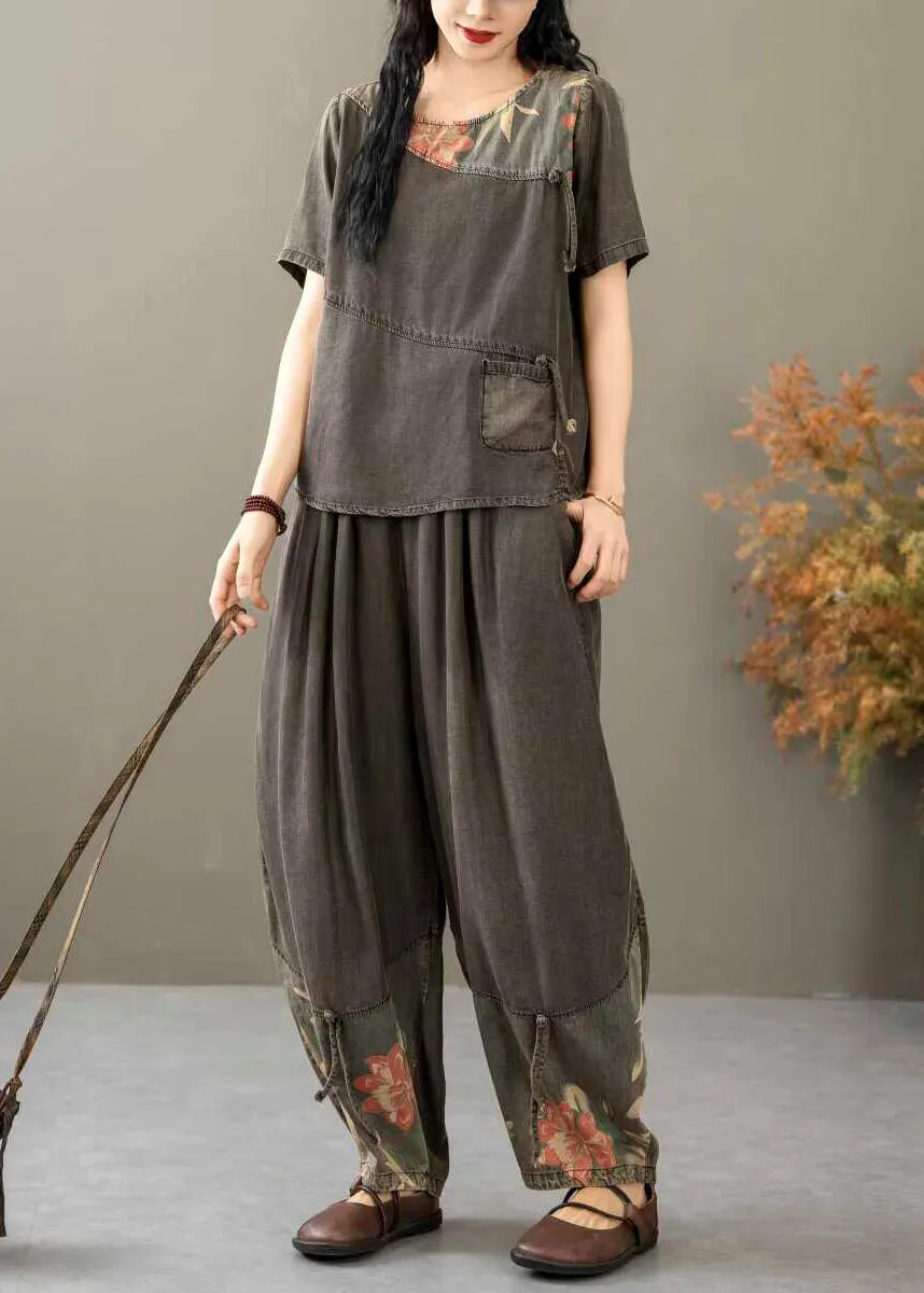 Black Print Tops and Crop Pants Denim Two Piece Suit Summer