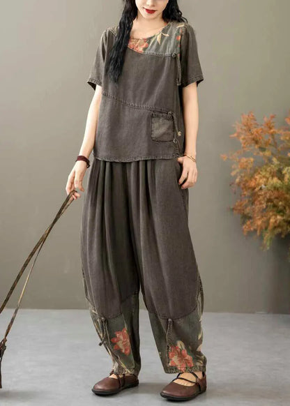 Black Print Tops and Crop Pants Denim Two Piece Suit Summer