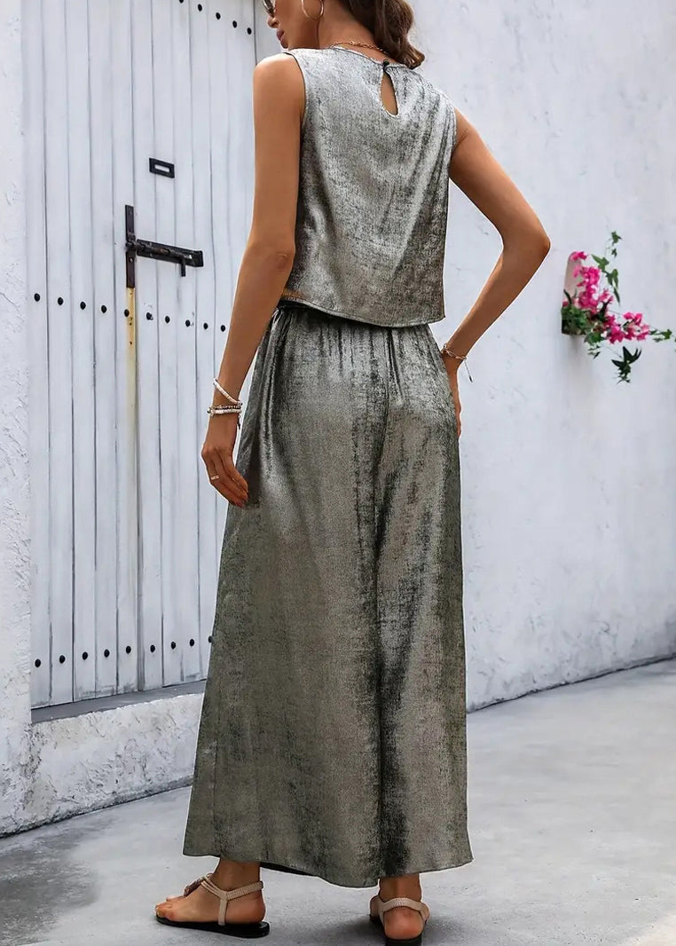 Silver Sleeveless Top and Pants Two Pieces Set