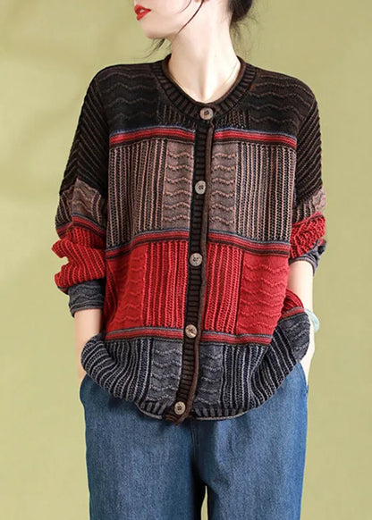 Orange O-neck Striped Patchwork Button Cotton Knit Cardigan Spring