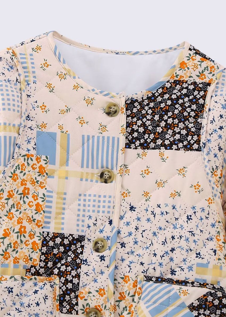 Stylish O Neck Pockets Print Fine Cotton Filled Short Coat Winter
