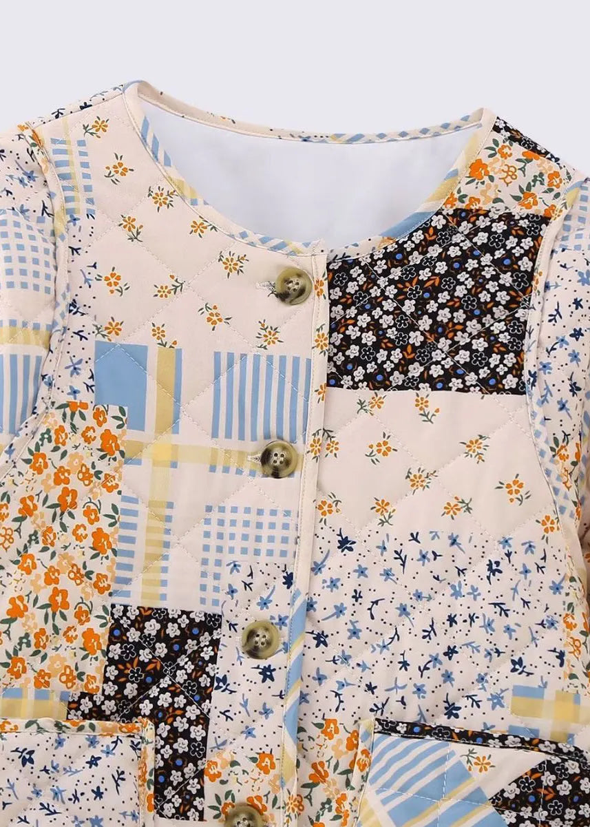 Stylish O Neck Pockets Print Fine Cotton Filled Short Coat Winter