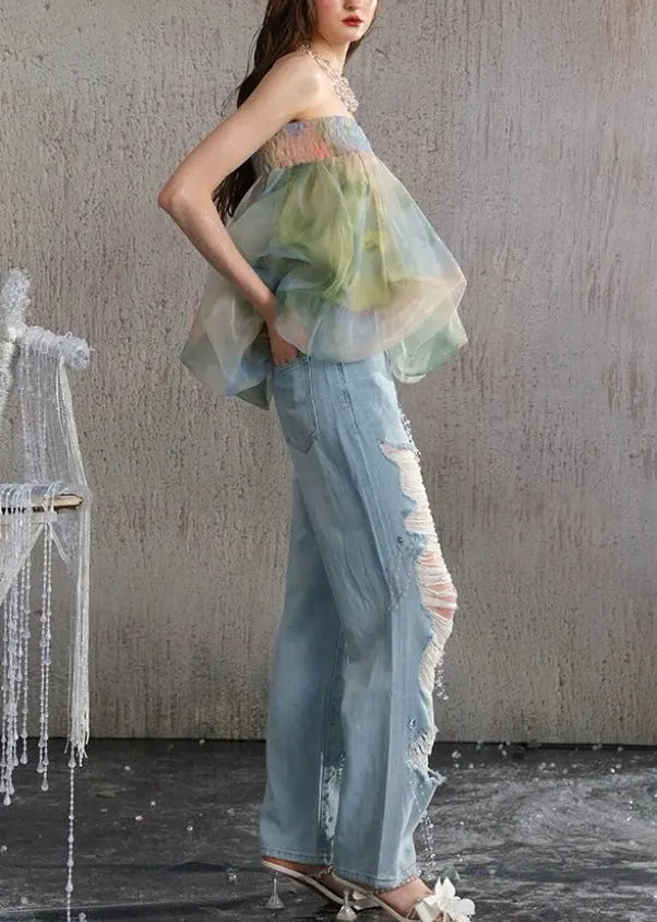Green Backless Print Chiffon Strapless Vests Summer