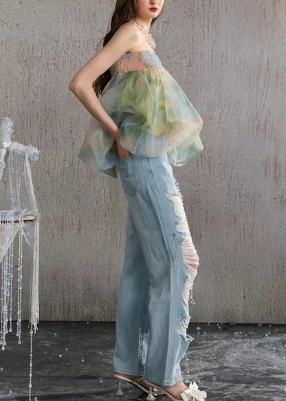 Green Backless Print Chiffon Strapless Vests Summer