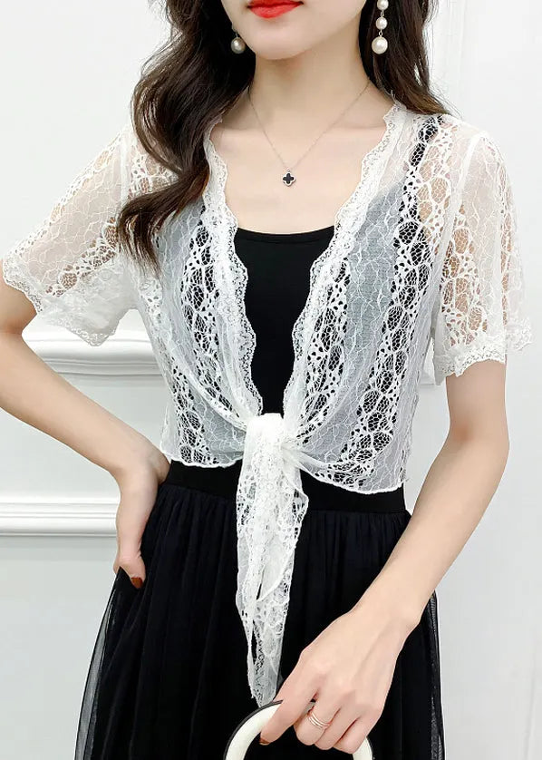 White Hollow Out Lace Cardigan V Neck Short Sleeve