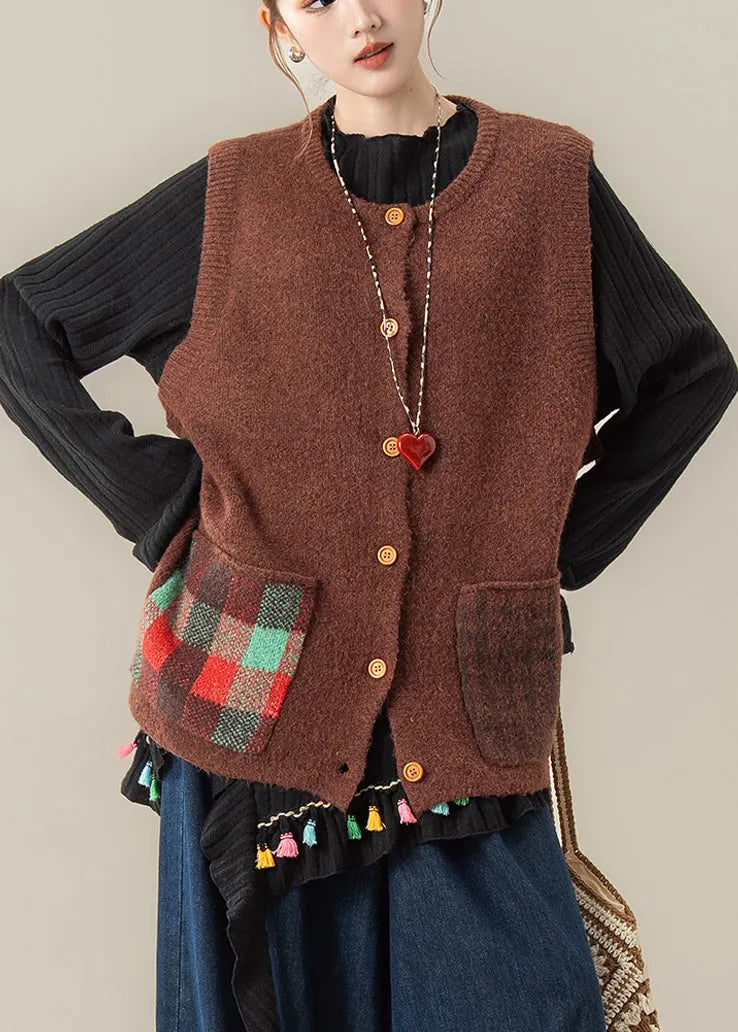 Coffee O-neck Pockets Thick Cotton Knit Sweaters Sleeveless