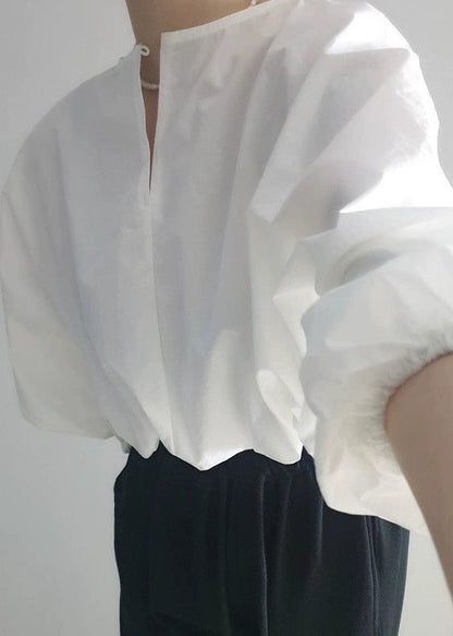 Loose White Button Hollow Out Cotton Shirts Fall