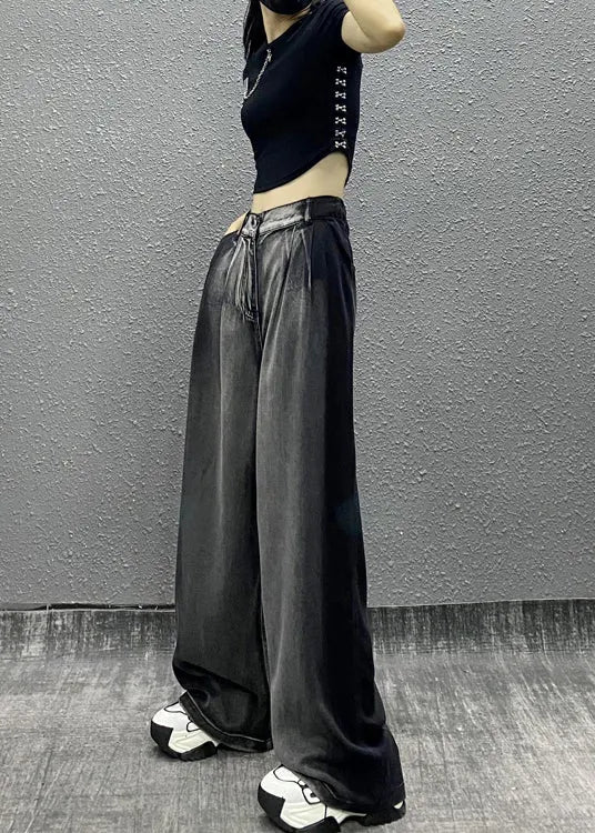 Black Grey Pockets Patchwork Denim Wide Leg Pants Fall