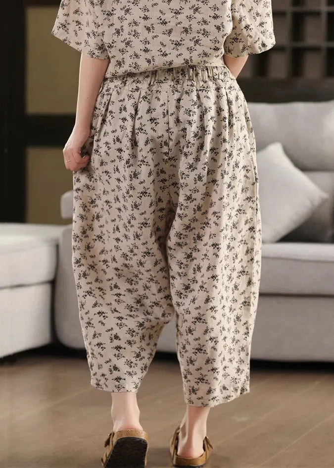Black Pockets Linen Summer Crop Pants Elastic Waist
