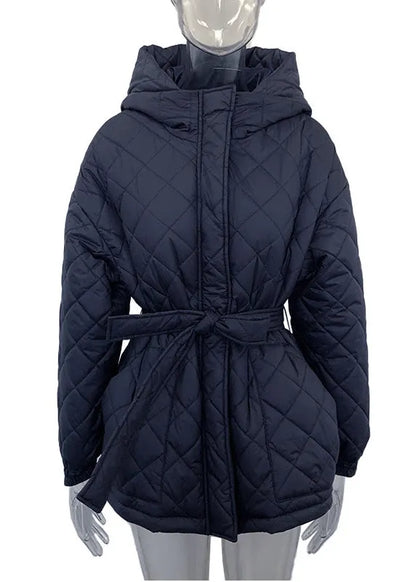 Stylish Black Hooded Tie Waist Fine Cotton Filled Coat Winter