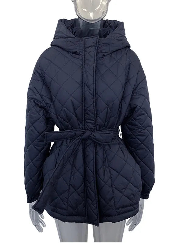 Stylish Black Hooded Tie Waist Fine Cotton Filled Coat Winter