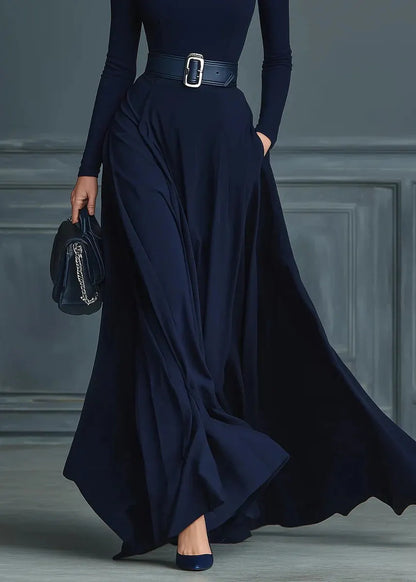 Boutique Navy Hign Neck Patchwork Cotton Long Dress Fall