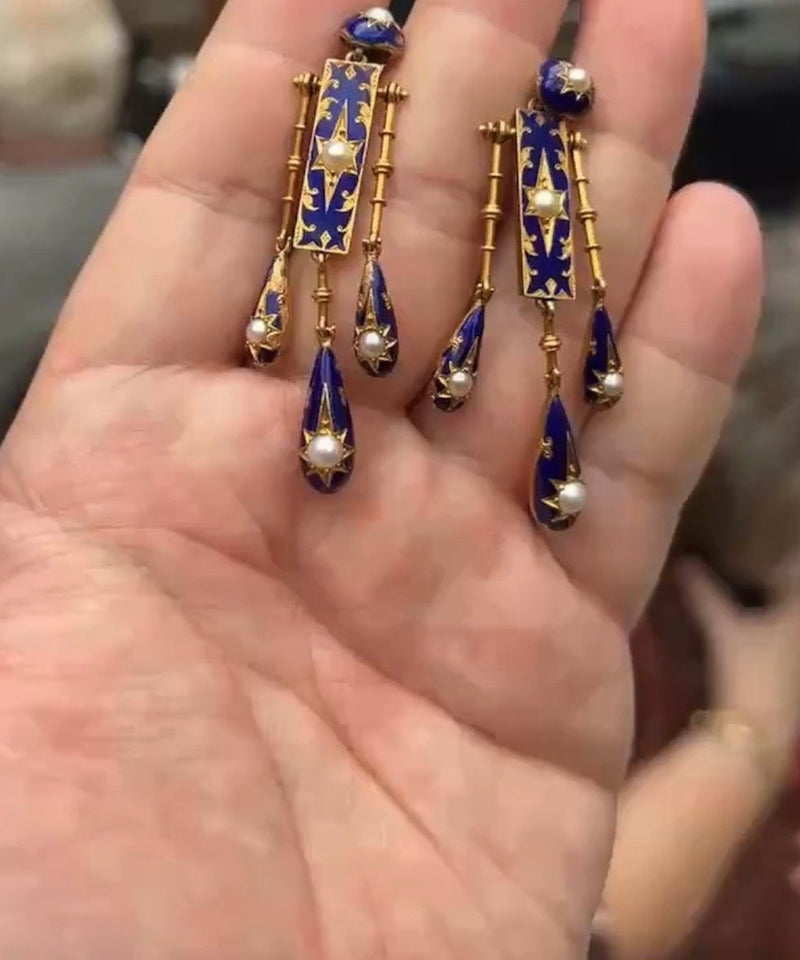 Unique Blue Sterling Silver Overgild Cloisonne Eight-pointed Star Pearl Tassel Drop Earring