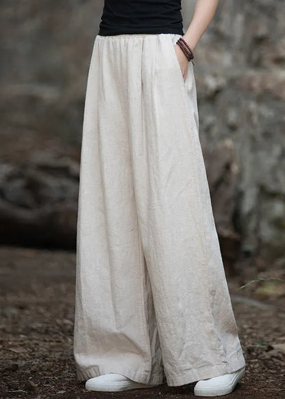 Navy Pockets Elastic Waist Linen Wide Leg Pants Summer