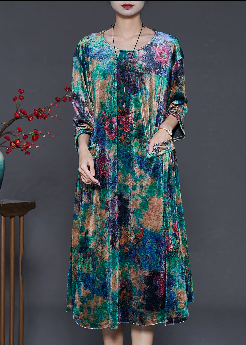 Green Oversized Tie Dye Silk Velvet Dresses Summer