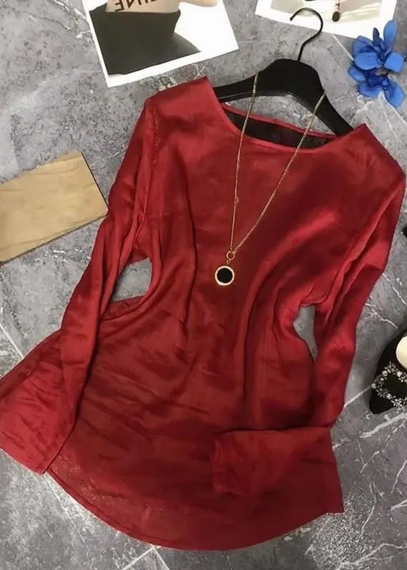 Red Back Lace Up Patchwork Cotton Tops Fall