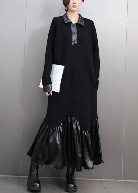 Black Peter Pan Collar Patchwork Button Maxi Dresses Spring