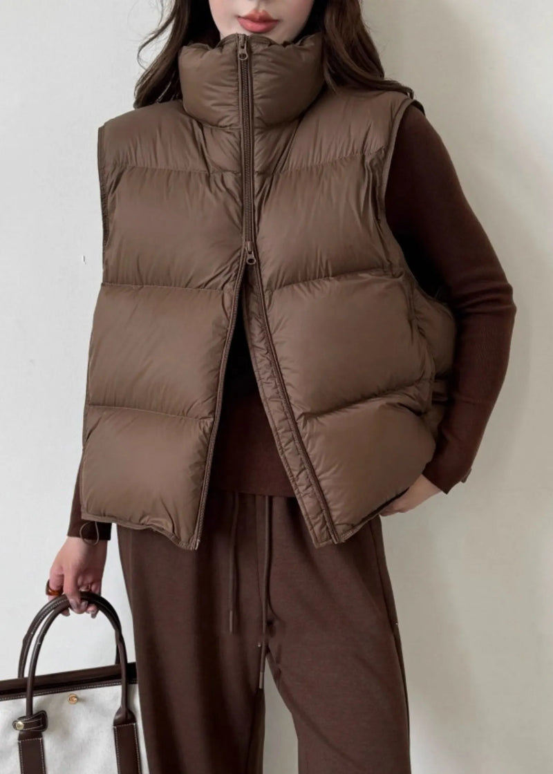 Coffee Stand Collar Zip Up Duck Down Waistcoat Sleeveless
