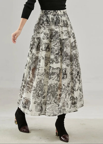 Black Print Cotton a Line Skirts Spring