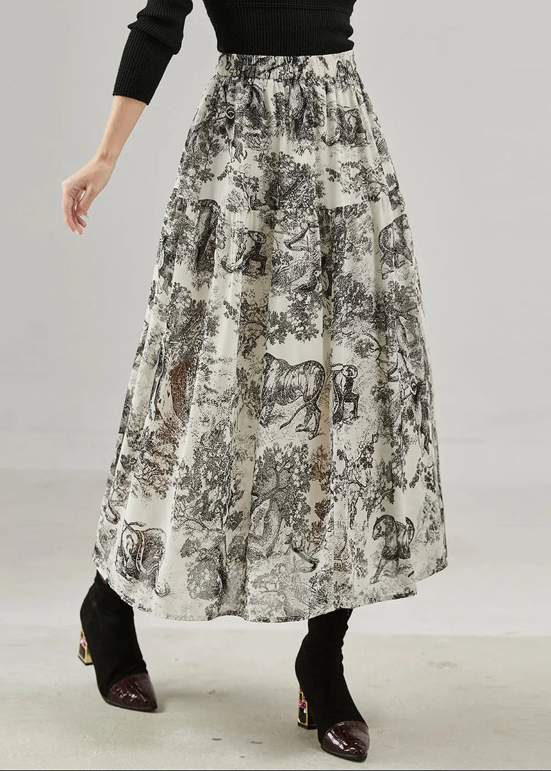 Black Print Cotton a Line Skirts Spring