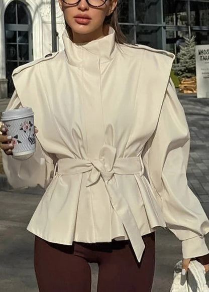Stylish Apricot Stand Collar Lace Up Cotton Short Coats Fall
