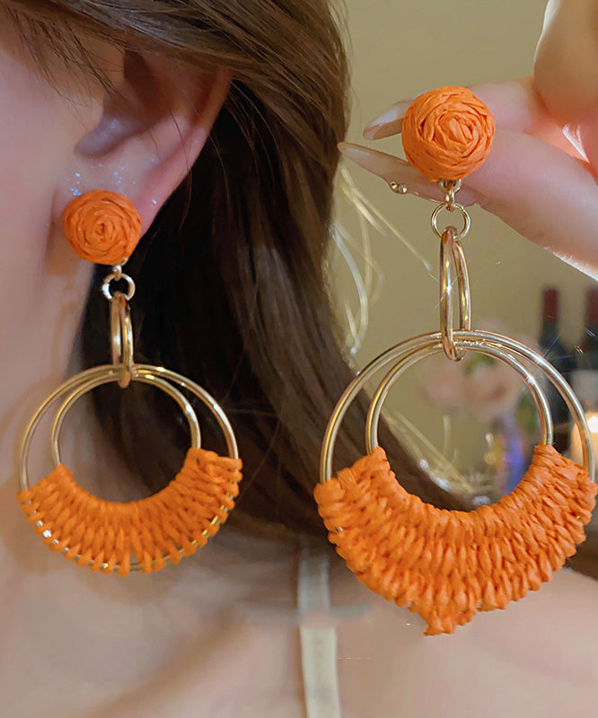 Orange Sterling Silver Alloy Straw Plaited Article Drop Earrings
