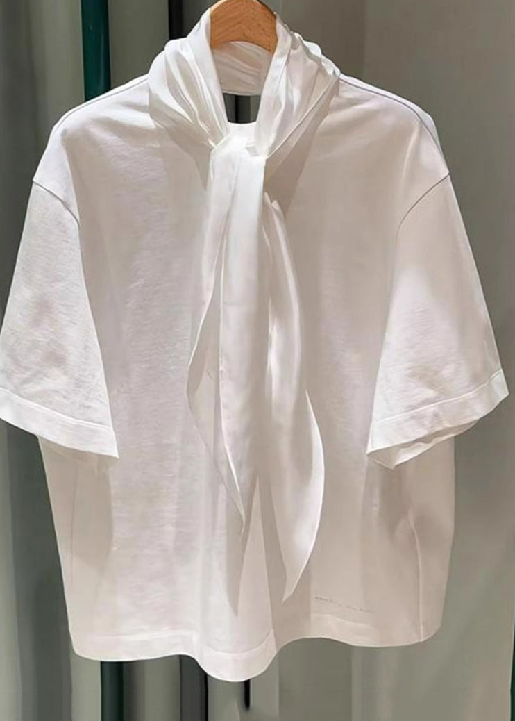 Simple White Lace Up Cotton T Shirts Summer