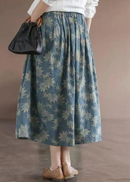 Blue Wrinkled Elastic Waist Patchwork Cotton Skirts Summer