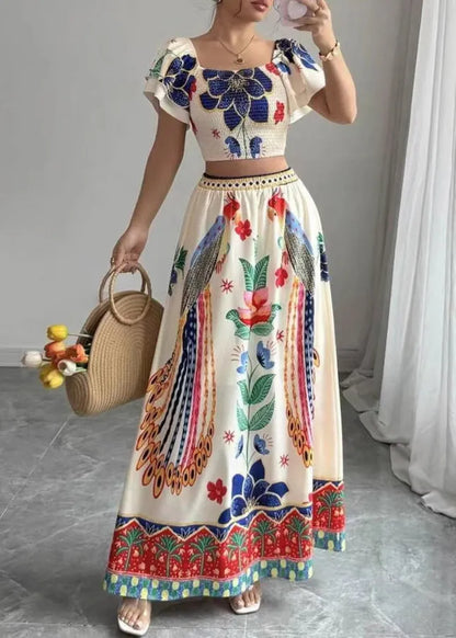 Square Collar Print Top and Maxi Skirts Two Piece Set Summer