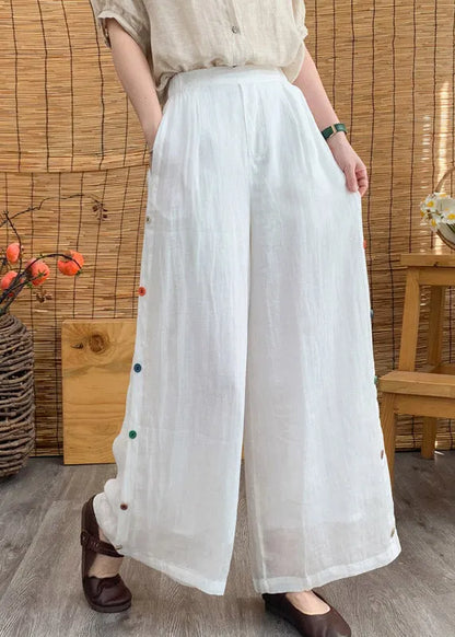 White Elastic Waist Linen Wide Leg Pants Summer