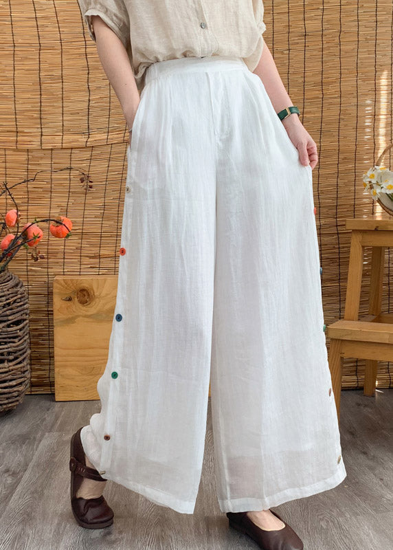 White Elastic Waist Linen Wide Leg Pants Summer