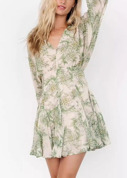 Green V Neck Print Chiffon Mid Dress Long Sleeve