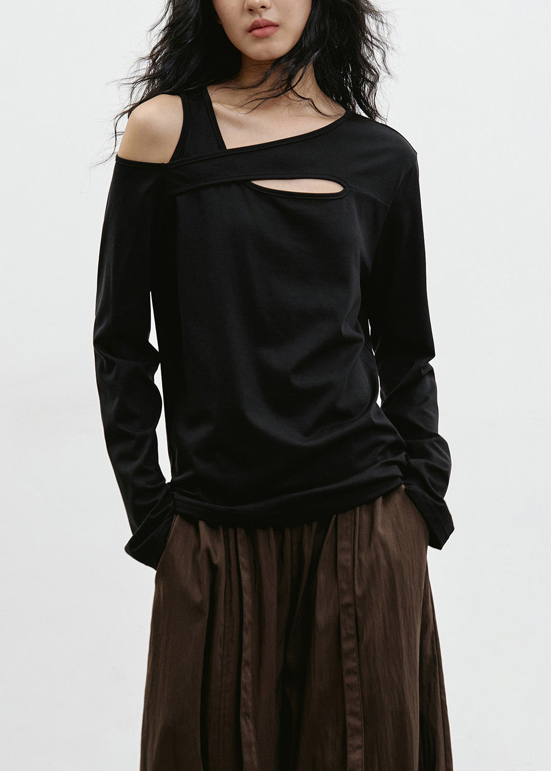 Black Cold Shoulder Patchwork Cotton T Shirt Top Spring