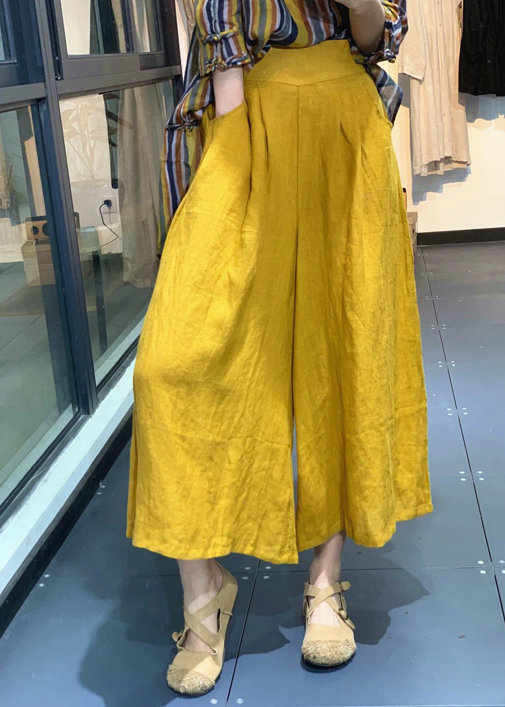Simple Yellow Pockets High Waist Linen Wide Leg Pants Summer